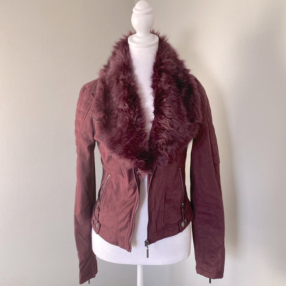 NWOT Guess suede faux fur collar biker jacket